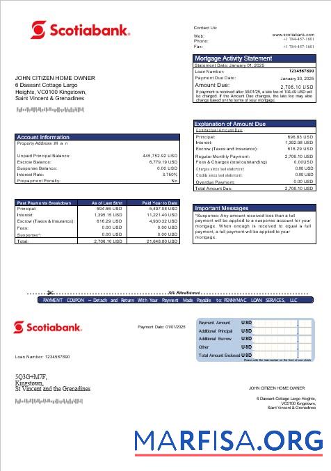Downloadable Saint Vincent and The Grenadines Scotiabank mortgage statement in Word and PDF formats example
